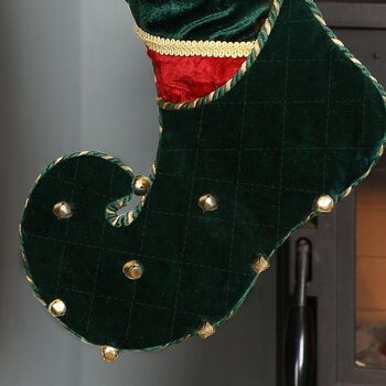Personalised Green Velvet Jingle Bell Elf Stocking, 6 of 8
