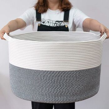 White Navy Cotton Rope Basket Laundry Hamper, 4 of 4