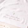 White Moss Stripe Christening Blanket With Gothic Cross, thumbnail 1 of 10