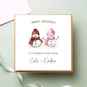 Personalised Snowman Twin Girls Christmas Card, 3 of 4