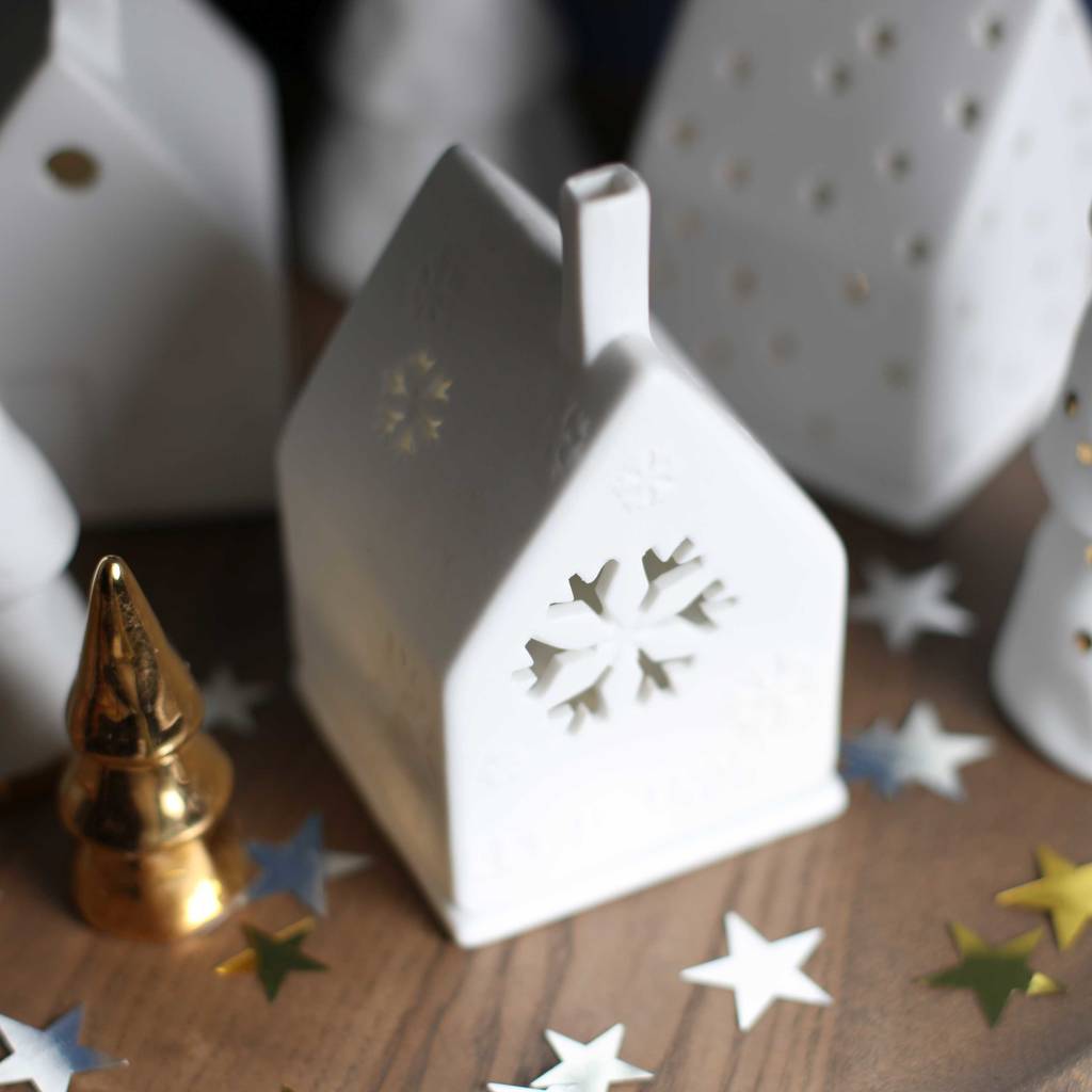Christmas Porcelain Tea Light House With Snowflake By Nest