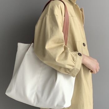 Beige Leather Strap Nylon Large Shoulder Laptop Bag, 3 of 8