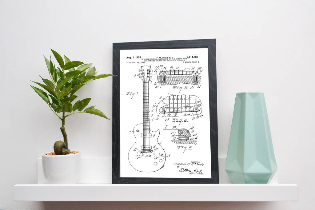 framed gibson les paul guitar patent art print by lelloliving ...