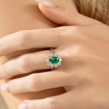 Emerald Halo Engagement Ring In Sterling Silver And Gold, 4 of 12