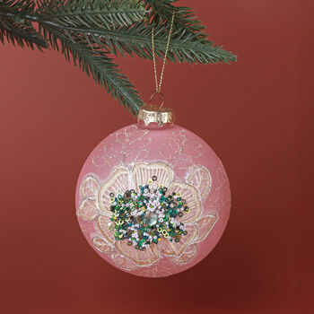 G Decor Blush Bloom Princess Large Hand Embroidered Glass Baubles, 3 of 3
