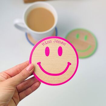 Personalised Smiley Face Wooden Coaster, 2 of 6