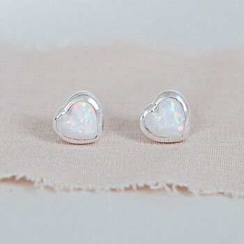 Sterling Silver White Opal Heart Stud Earrings, 4 of 11