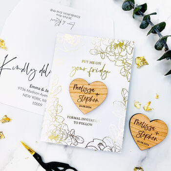 Simple Elegant Gold Foil Save The Date Heart Magnets, 4 of 12