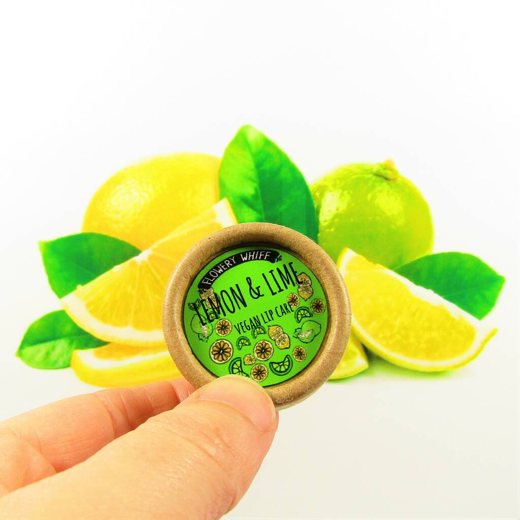 lemon and lime vegan lip balm in eco friendly pots by flowery whiff