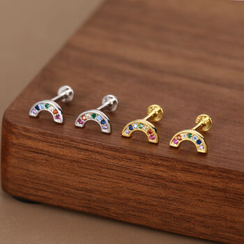 Sterling Silver Rainbow Cz 16 G Flat Back Labret Earrings, 3 of 12