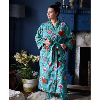 Ladies Teal Exotic Flower Print Cotton Dressing Gown, 4 of 5