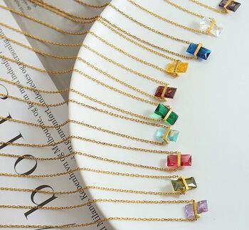 Delicate Gold Plated Baguette Birthstone Necklace, 2 of 2
