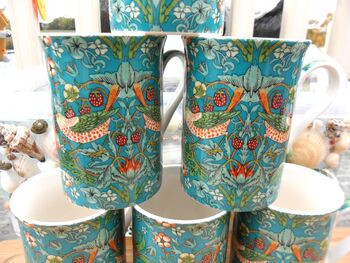 Set Of Six Straight Mugs In Teal Strawberry Thief Design, 3 of 10