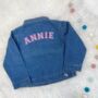 Personalised Varsity Pink Baby/Kids Denim Jacket, thumbnail 1 of 2