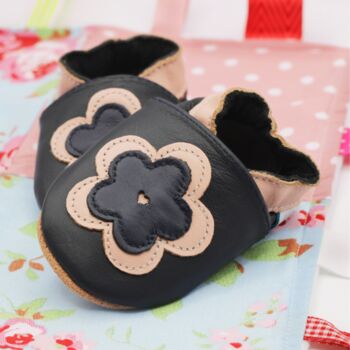 Dotty Fish Pink And Navy Flower Soft Leather Baby Shoes With Barefoot Soles, 4 of 8