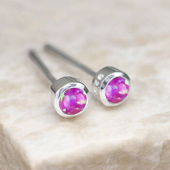 Mini Sterling Silver Bright Pink Opal Stud Earrings, 3 of 11