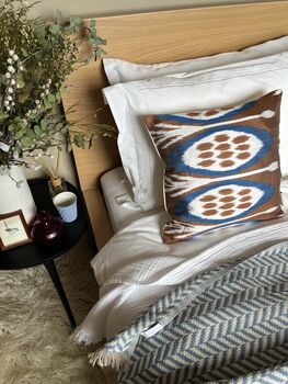 Square Ikat Silk Cushion Blue, Brown And White Abstract Design, 8 of 10