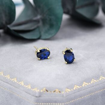 Sapphire Blue Oval Cz Stud Earrings In Sterling Silver, 7 of 12