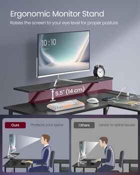 L Shaped Gaming Desk With Power Outlets Monitor Shelf, 7 of 12