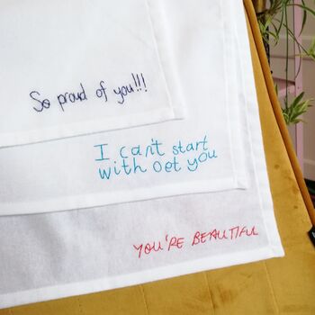Hand Embroidered Handwritten Message Personalised Hanky, 7 of 11
