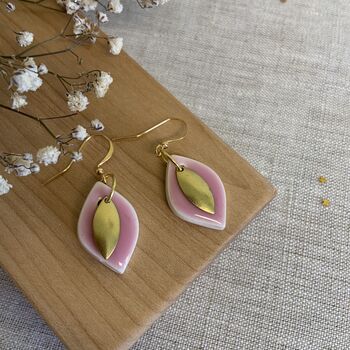 Handmade Baby Pink Ceramic Leaf Earrings Gold Plated, 4 of 8
