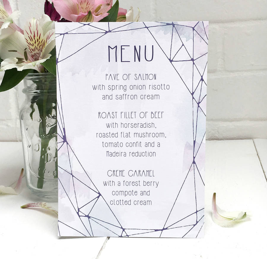 lilac crystal watercolour wedding breakfast menu card by peardrop