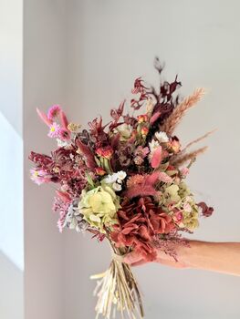Dried Acer And Hydrangea Bouquet In Red Pink Tones, 4 of 6