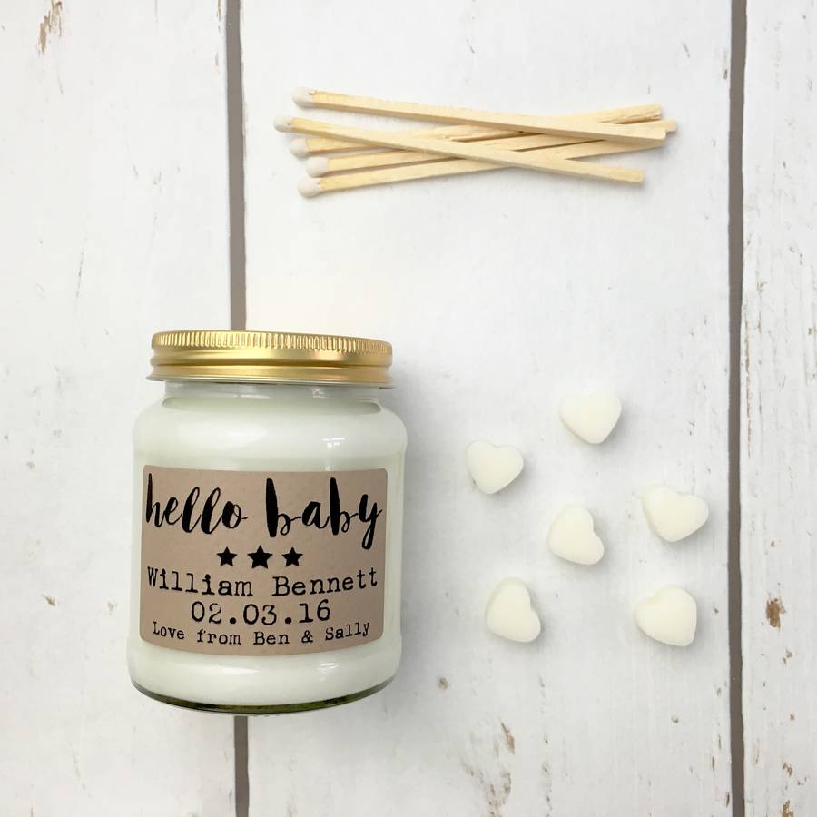 personalised 'hello baby' soy scented candle by lollyrocket candle co