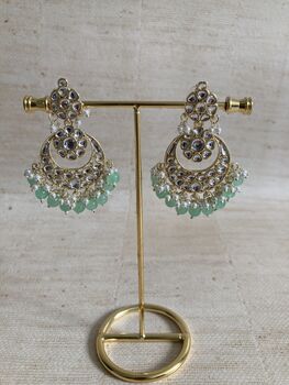 Mint Green Gold Plated Kundan Earrings And Tikka Set, 2 of 4