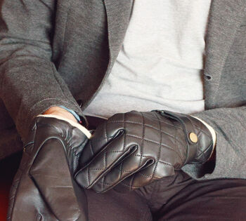 Men's Quilted Leather Gloves With Strap Detail, 6 of 12