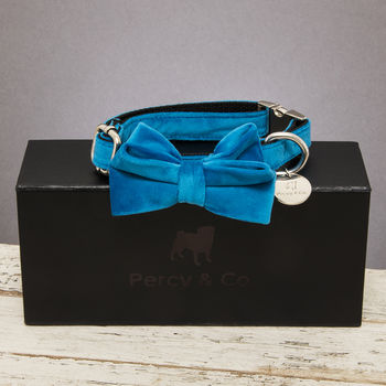 Blue Turquoise Velvet Dog Collar Bow Tie, 2 of 5