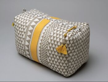 Sankari Geo Stripe Pattern Wash Bag In Mustard / Grey, 3 of 6
