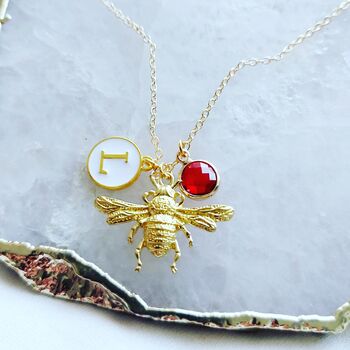 Personalised Gold Bee Initial And Birthstone Necklace, 2 of 7