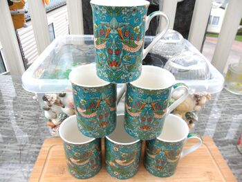 Set Of Six Straight Mugs In Teal Strawberry Thief Design, 2 of 10