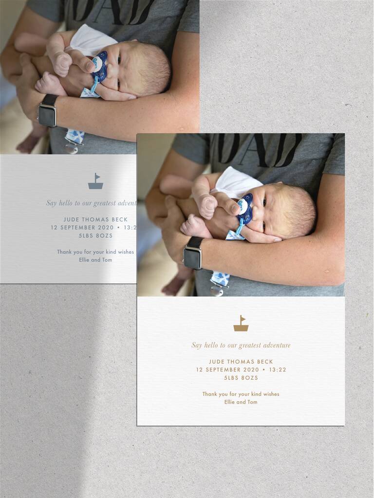 Image of 20 Greatest Day Birth Announcement Thank You Cards, Mustard/Denim/Pink