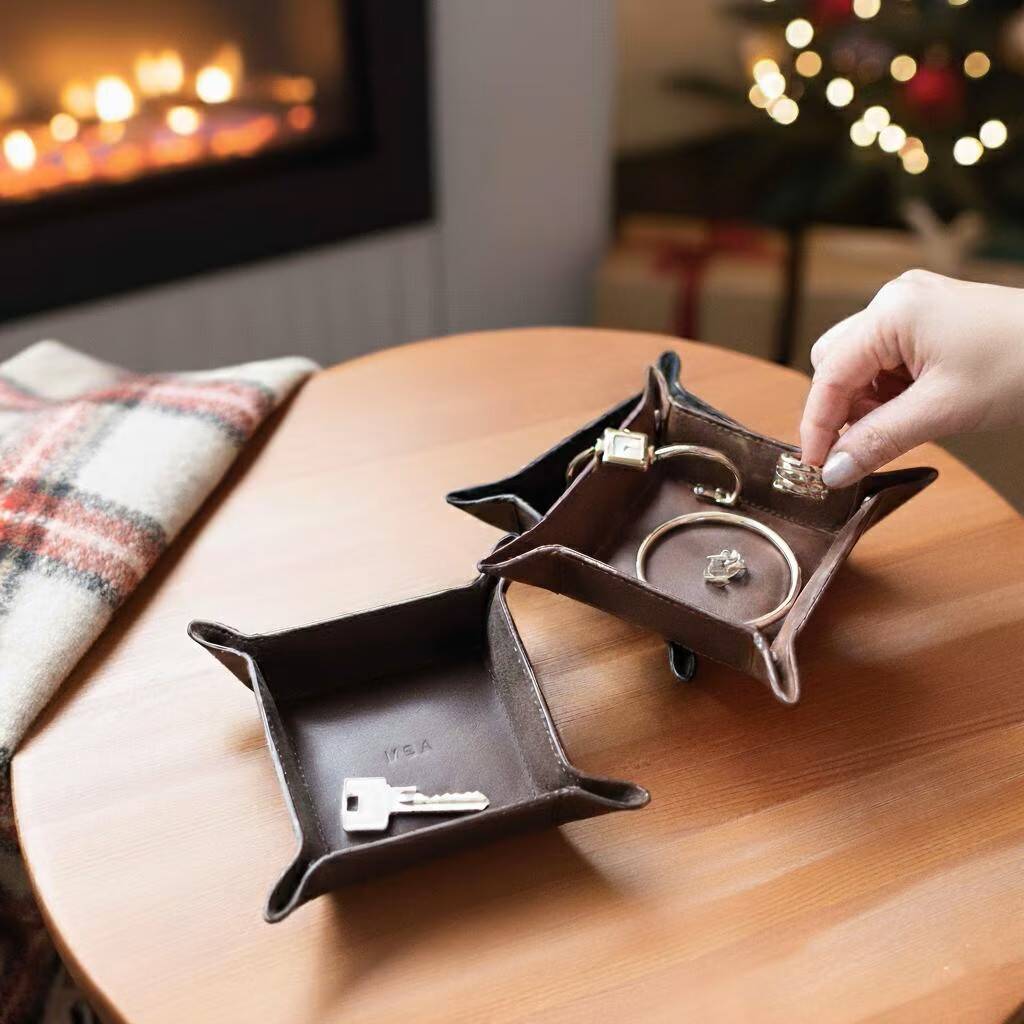 Personalised Vintage Leather Desk Tidy Coin Tray Christmas Gift For Him, 1 of 7