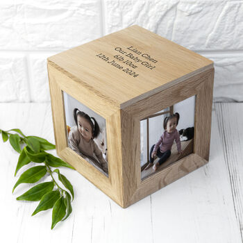 Personalised Oak New Baby Photo Cube Keepsake Box, 2 of 3