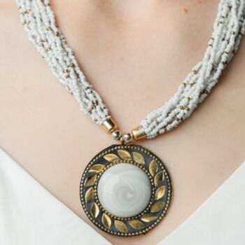 White Multistrand Pearl Large Enamel Pendant Necklace, 2 of 8