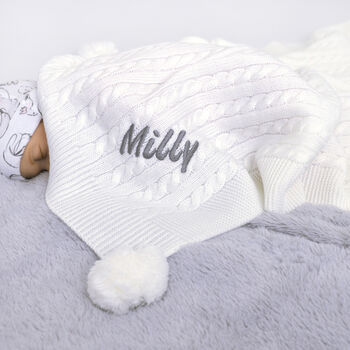 Personalised Cable Knit Pom Pom Blanket White, 7 of 11