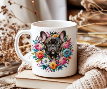 Personalised Brindle French Bulldog Summer Floral Dog Wreath Cushion And Mug Gift Bundle, 2 of 4