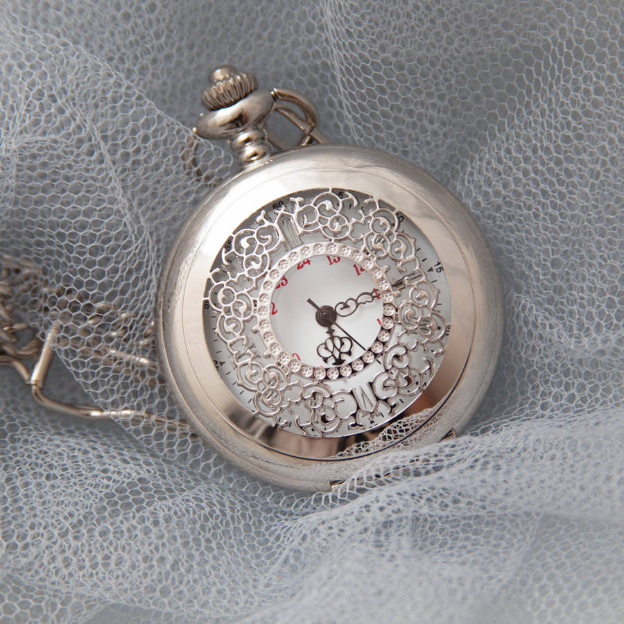 intricate engraved pocket watch in silver or gun metal by