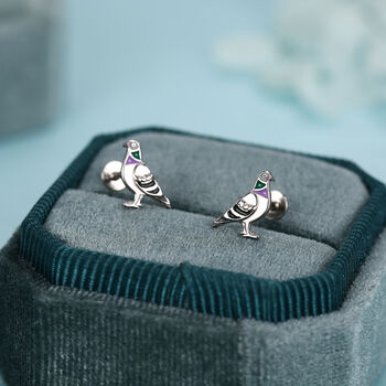 Sterling Silver Enamel Pigeon 16 G Flat Back Labret Earrings, 4 of 11