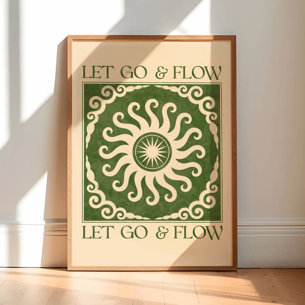 Let Go And Flow, Green, Bohemian Celestial Sun Yoga Meditation Art Poster, 1 of 3