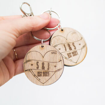 Personalised Love Heart Wooden Oak Token Keyring Set, 6 of 6