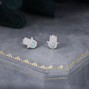 Sterling Silver Blue Opal Hamsa Hand Stud Earrings, 2 of 11