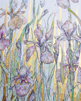 Watercolour Irises With Gold Leaf Painting, 3 of 3