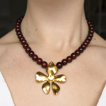 Red Wine Bead And Sculptural Flower Pendant Necklace, 3 of 6
