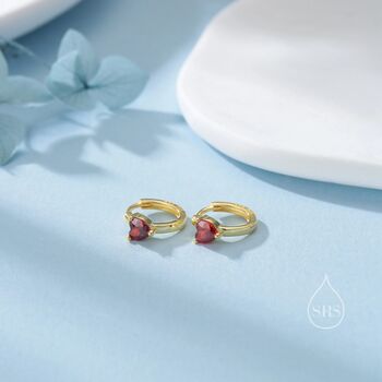 Garnet Red Heart Cz Huggie Hoop In Sterling Silver, 2 of 12