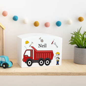 Personalised Tipper Truck Construction Wooden Money Pot, 2 of 3