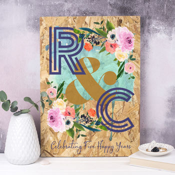 Personalised Wood Anniversary Floral Initials Print, 4 of 5